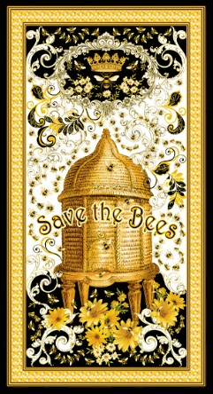Carmon's Quilt Shop Buzz Worthy fabric panel featuring a gold beehive, bees, and Save the Bees text on black