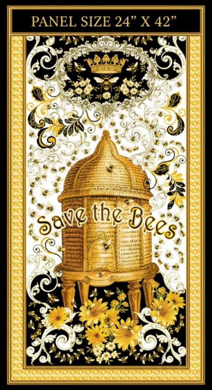 Carmon's Quilt Shop Buzz Worthy fabric panel featuring a gold beehive, bees, and flowers on a black and gold background