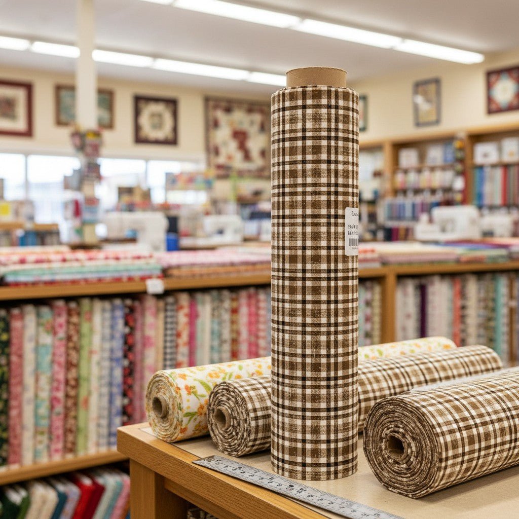 Carmon's Quilt Shop Figo Snowbound Carmel rustic plaid cotton fabric bolt on a table in a fabric store