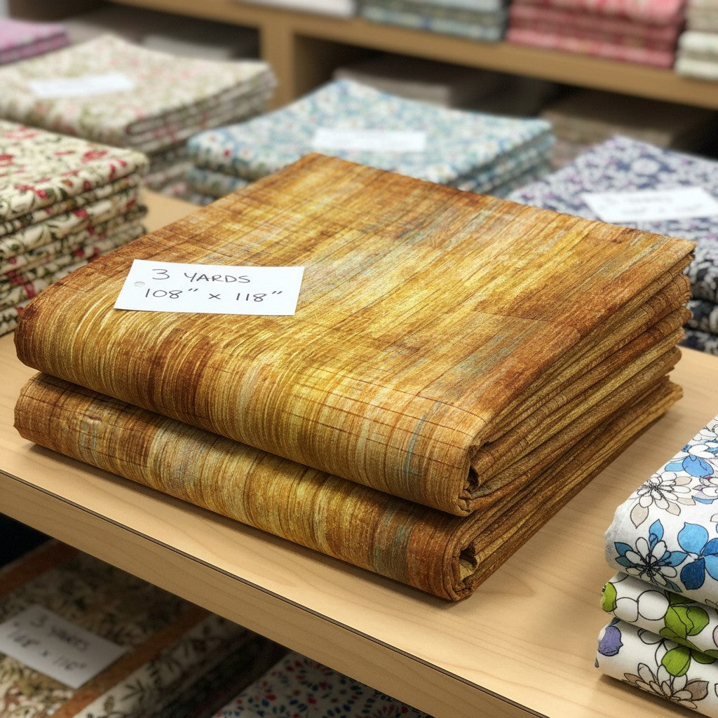Carmon's Quilt Shop Panorama Carmel wood textured abstract cotton quilting fabric folded on a store shelf.