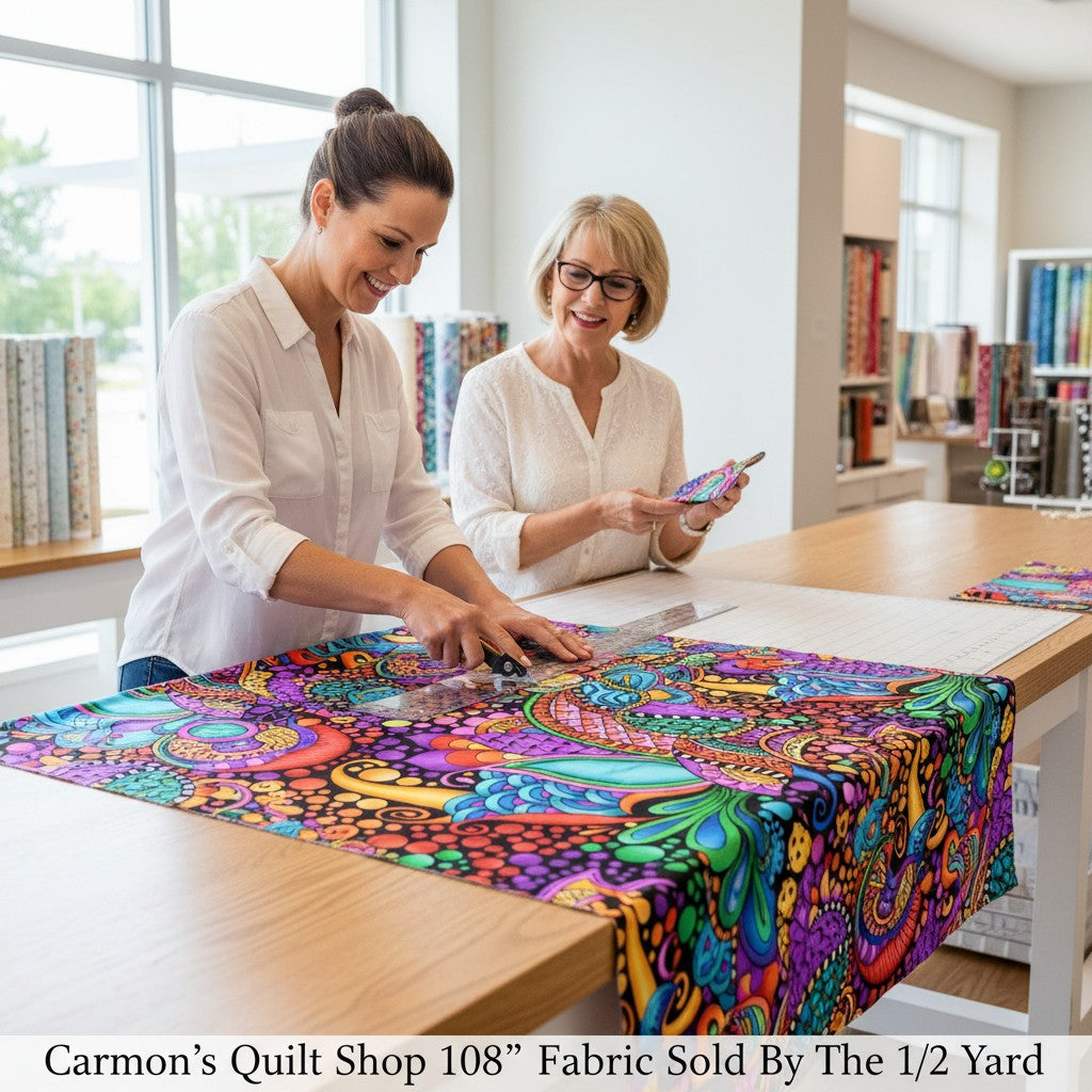 Two women at Carmon's Quilt Shop cutting vibrant QT Fabrics Carnivale floral geometric cotton fabric on a table.