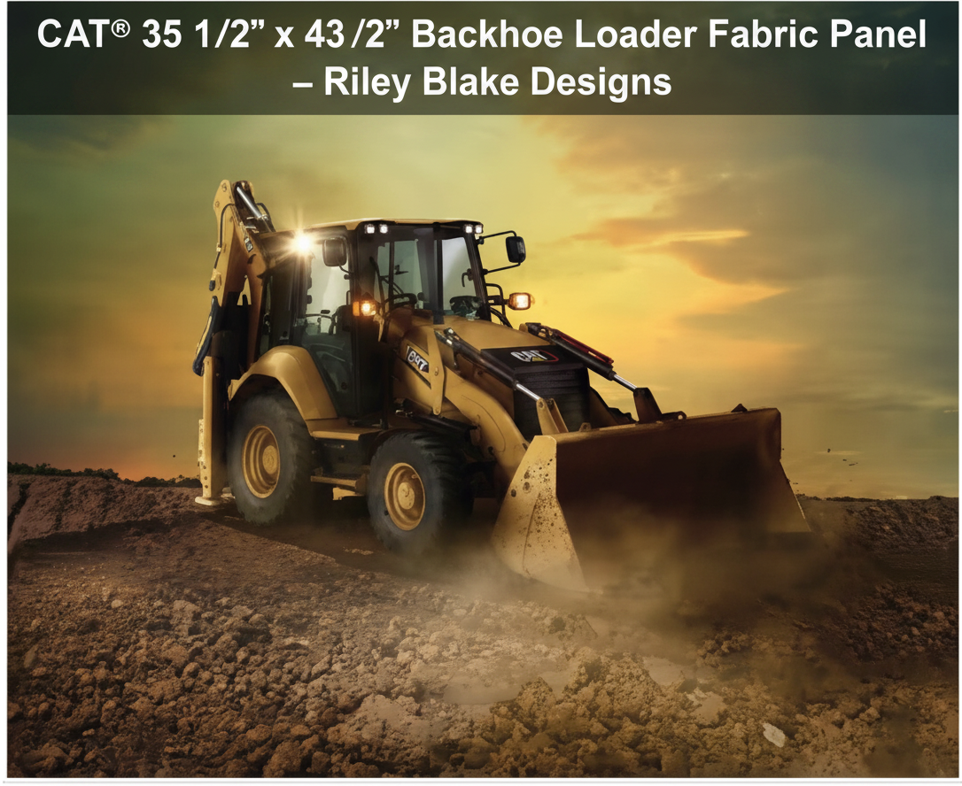 Carmon's Quilt Shop CAT backhoe loader fabric panel featuring a yellow construction vehicle at sunset on cotton fabric