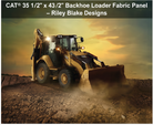 Carmon's Quilt Shop CAT backhoe loader fabric panel featuring a yellow construction vehicle at sunset on cotton fabric