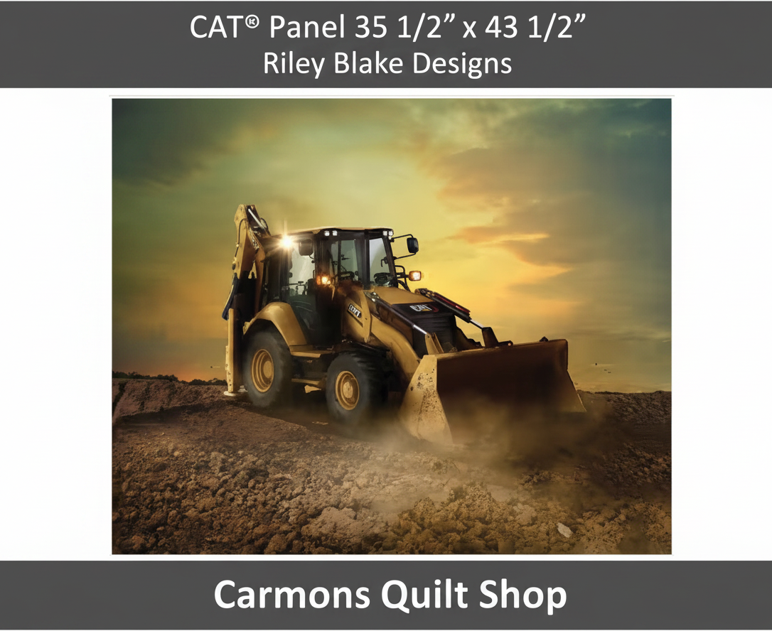 Carmon's Quilt Shop CAT backhoe loader cotton fabric panel featuring a yellow construction vehicle at sunset