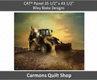Carmon's Quilt Shop CAT backhoe loader cotton fabric panel featuring a yellow construction vehicle at sunset