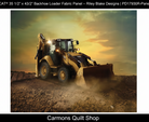 Carmon's Quilt Shop CAT backhoe loader cotton fabric panel featuring a yellow construction vehicle at sunset
