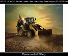 Carmon's Quilt Shop CAT backhoe loader cotton fabric panel featuring a detailed construction site at sunset