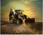 Carmon's Quilt Shop CAT backhoe loader cotton fabric panel featuring a yellow construction vehicle at sunset