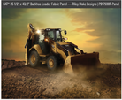 Carmon's Quilt Shop CAT backhoe loader cotton fabric panel featuring a yellow construction vehicle at sunset