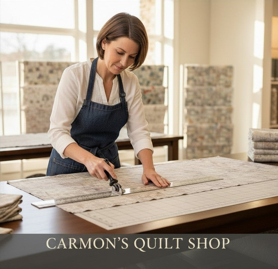 Carmon's Quilt Shop employee cutting mottled charcoal gray 108-inch wide cotton quilt backing fabric with a rotary cutter.
