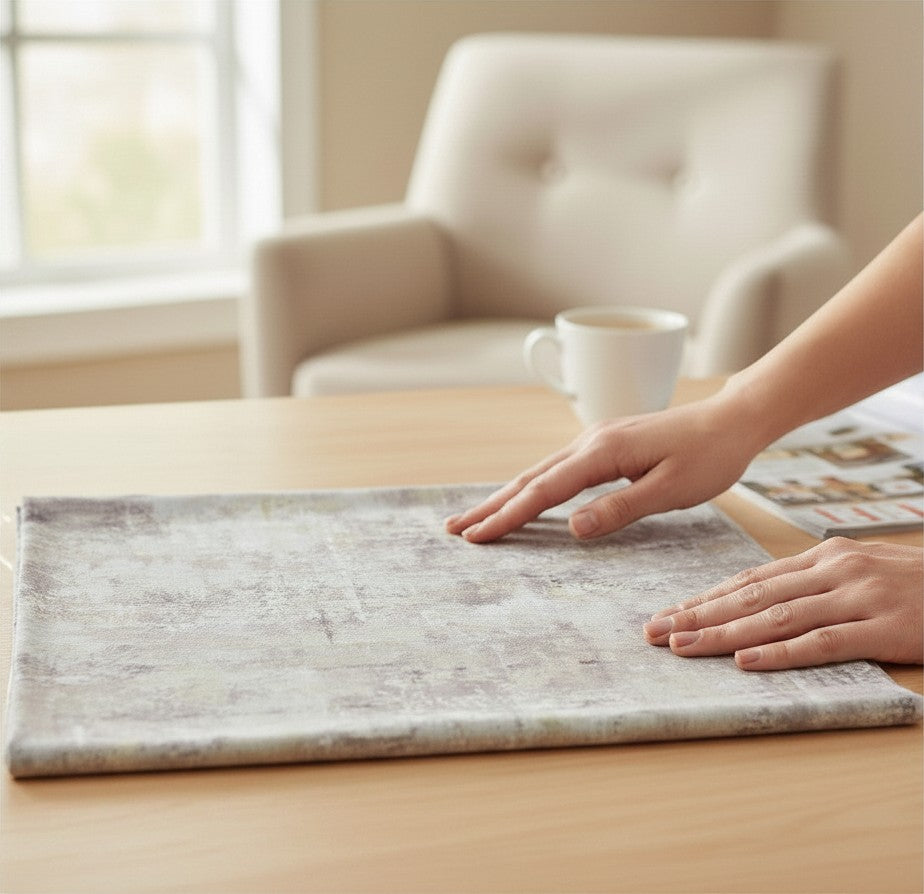 Carmon's Quilt Shop charcoal mottled blender 100% cotton fabric with a textured gray finish on a wooden table.