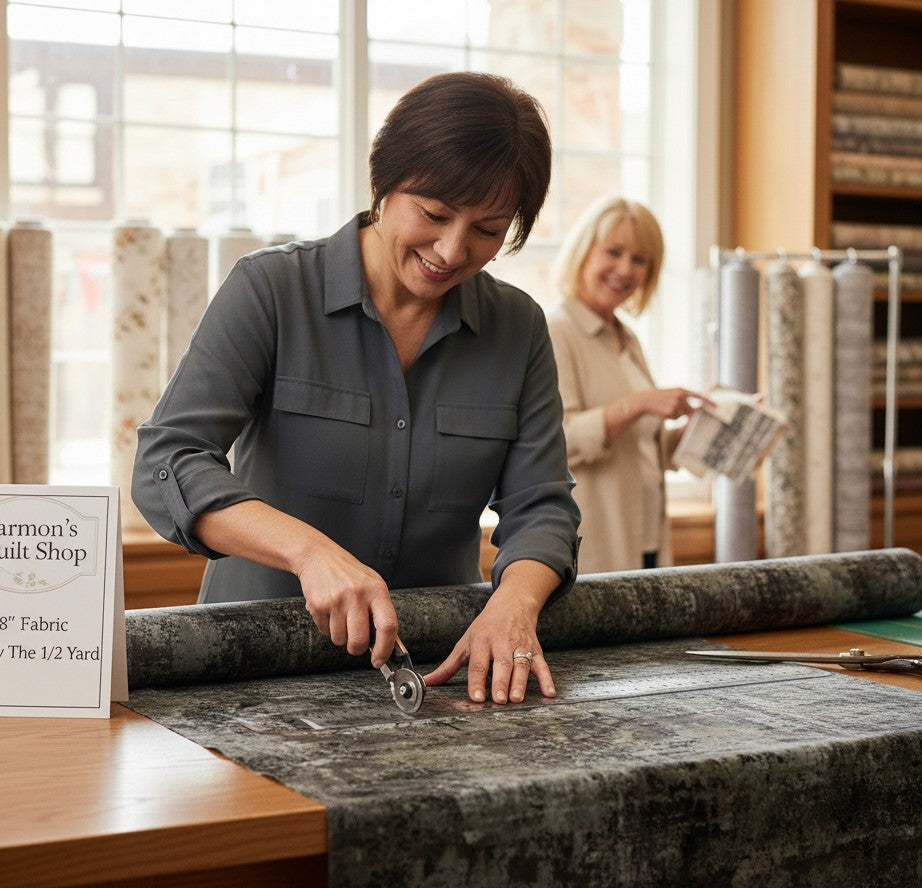 Carmon's Quilt Shop employee cutting charcoal mottled 108-inch wide QT Fabrics cotton for a quilting project