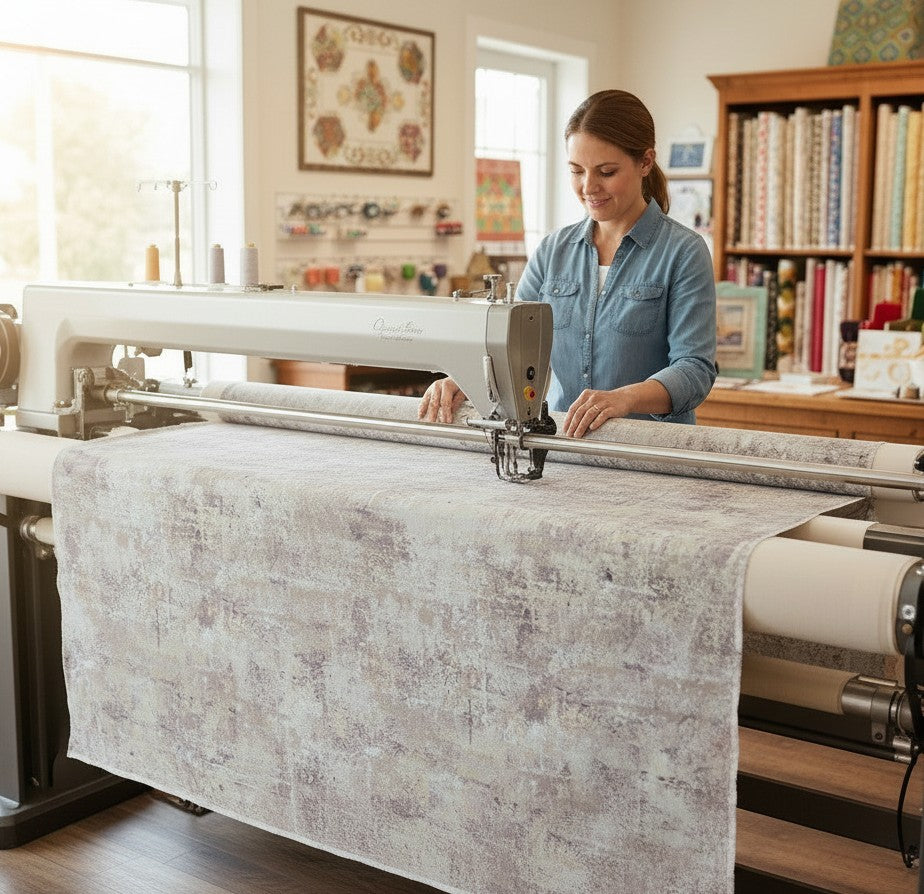 Carmon's Quilt Shop features a woman using a longarm machine to quilt mottled charcoal 108-inch wide cotton backing.