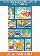 Carmon's Quilt Shop Cheeto's Life multi-colored cotton quilt panel featuring playful cat illustrations and sewing tools.