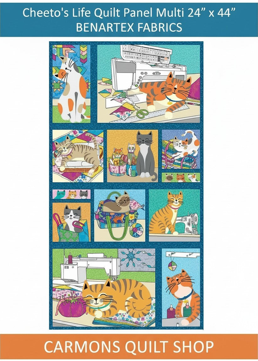 Carmon's Quilt Shop Cheeto's Life multi-colored cotton quilt panel featuring playful cat illustrations and sewing tools.
