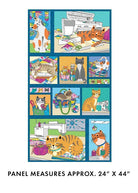 Carmon's Quilt Shop Cheeto's Life cotton fabric panel featuring colorful cat illustrations and sewing themes.