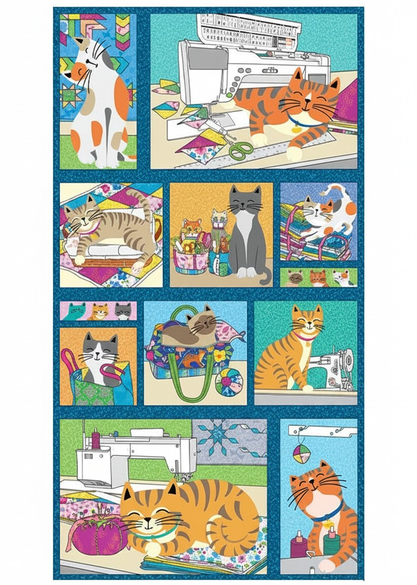 Carmon's Quilt Shop Cheeto's Life multi-colored cotton fabric panel featuring whimsical cat and sewing illustrations