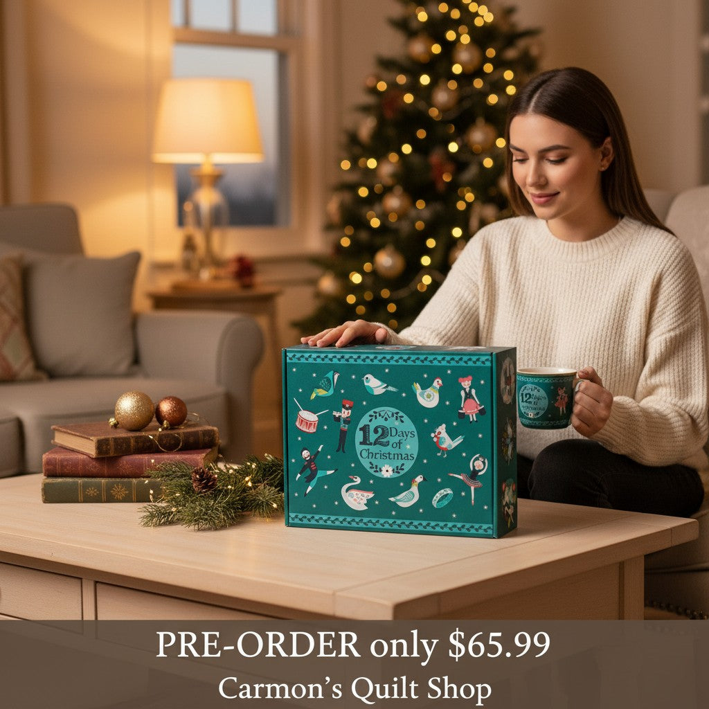 Carmon's Quilt Shop 12 Days of Christmas advent box featuring festive illustrations on a dark turquoise background.