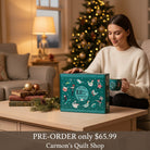 Carmon's Quilt Shop 12 Days of Christmas advent box featuring festive illustrations on a dark turquoise background.