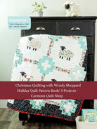 Carmon's Quilt Shop Christmas quilt pattern book featuring a festive nine-patch design with sheep and floral motifs.