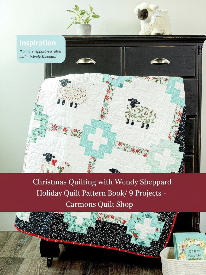 Carmon's Quilt Shop Christmas quilt pattern book featuring a festive nine-patch design with sheep and floral motifs.