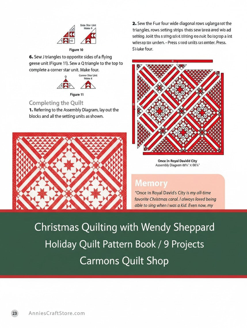 Carmon's Quilt Shop Christmas Quilting book page showing red and white quilt assembly diagrams and pattern instructions