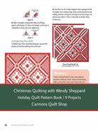 Carmon's Quilt Shop Christmas Quilting book page showing red and white quilt assembly diagrams and pattern instructions