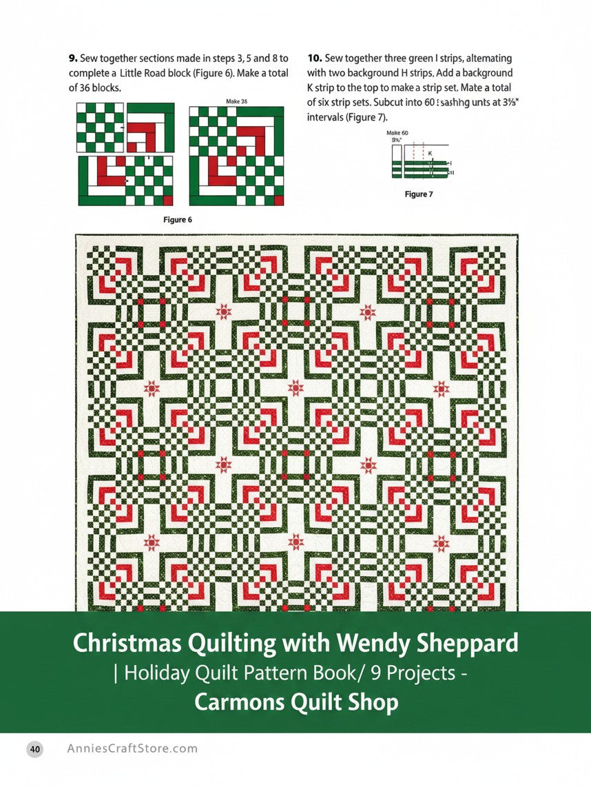 Carmon's Quilt Shop Christmas quilt pattern page featuring a red, green, and white traditional block design.