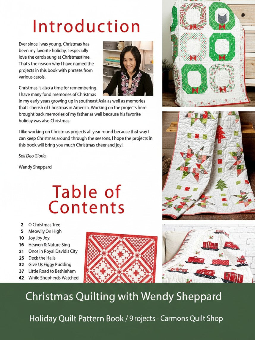 Carmon's Quilt Shop Christmas Quilting book by Wendy Sheppard featuring festive holiday quilt patterns and projects.