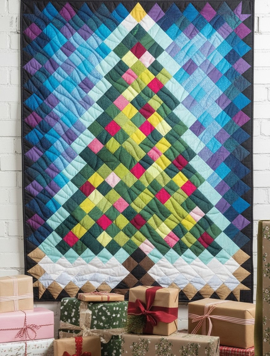 Carmon's Quilt Shop Christmas tree quilt with colorful pixelated squares hanging above wrapped holiday gifts.