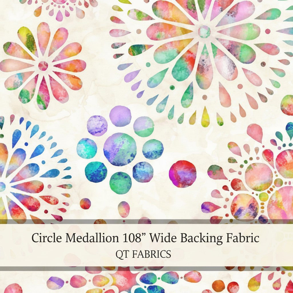 Carmon's Quilt Shop QT Fabrics 108 inch wide cotton backing featuring a colorful watercolor circle medallion pattern.