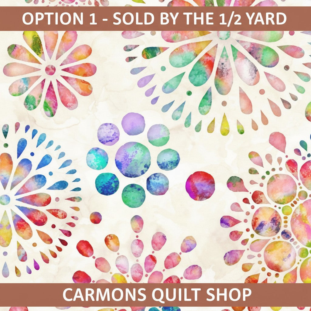 Carmon's Quilt Shop Circle Medallion 108 inch wide cotton quilt backing fabric with colorful watercolor patterns
