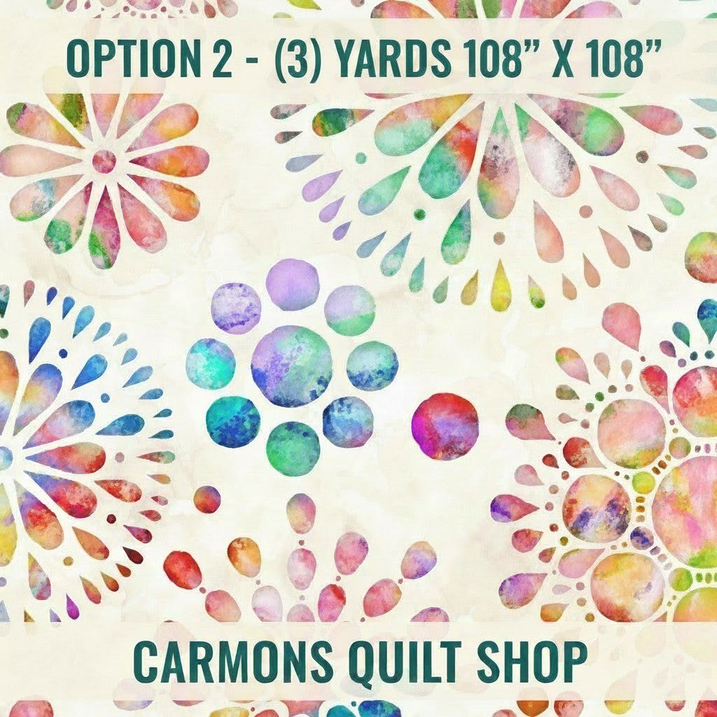 Carmon's Quilt Shop Circle Medallion 108 inch wide cotton quilt backing fabric with colorful watercolor patterns.