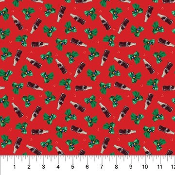 Carmon's Quilt Shop Coca-Cola Santa Christmas fabric with red background, glass bottles, and green holly leaves