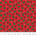 Carmon's Quilt Shop Coca-Cola Santa Christmas fabric with red background, glass bottles, and green holly leaves