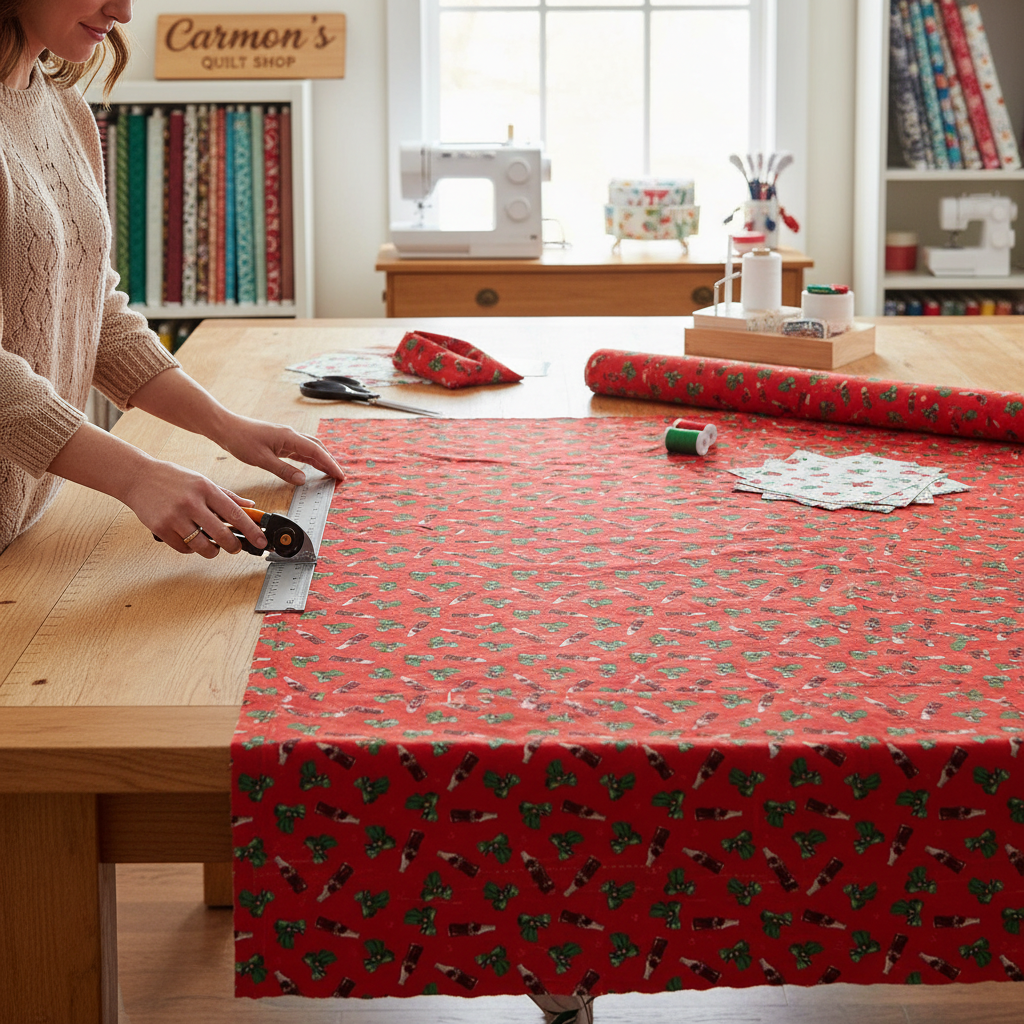 Carmon's Quilt Shop worker cutting red Coca-Cola Christmas logo toss 100% cotton fabric on a wooden table
