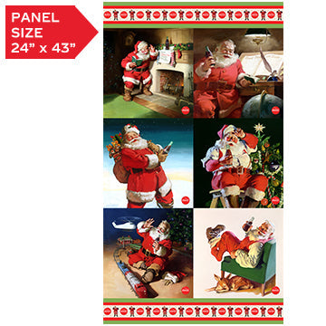 Carmon's Quilt Shop Coca-Cola Christmas cotton fabric panel featuring nostalgic Santa Claus holiday illustrations.