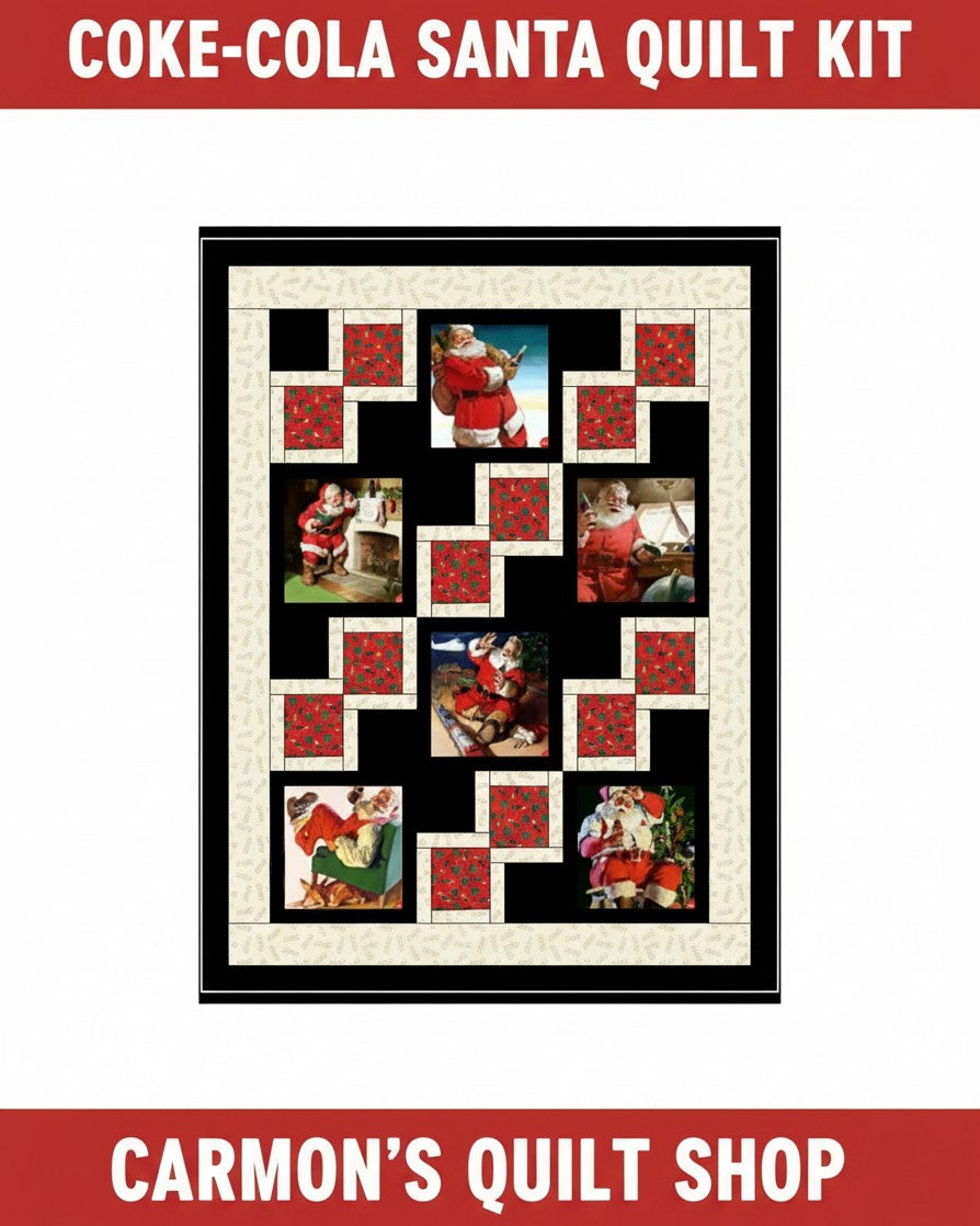 Carmon's Quilt Shop Coca-Cola Santa Christmas quilt kit featuring nostalgic holiday scenes and festive Northcott fabric