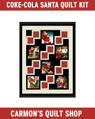 Carmon's Quilt Shop Coca-Cola Santa Christmas quilt kit featuring nostalgic holiday scenes and festive Northcott fabric
