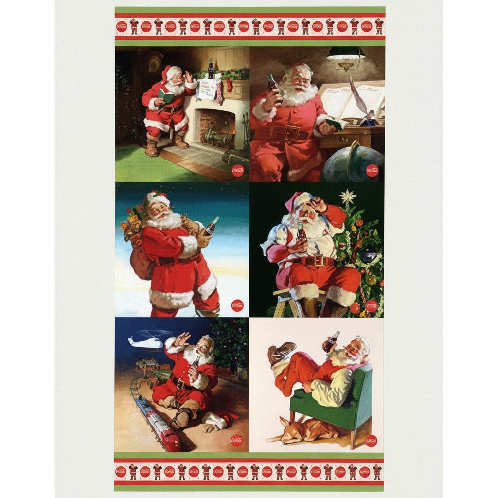 Carmon's Quilt Shop Coca-Cola Santa Christmas quilt kit panel featuring nostalgic holiday scenes on Northcott fabric