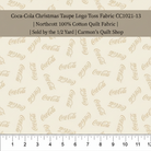 Carmon's Quilt Shop Coca-Cola Christmas taupe cotton fabric with an allover logo toss print for quilting projects.