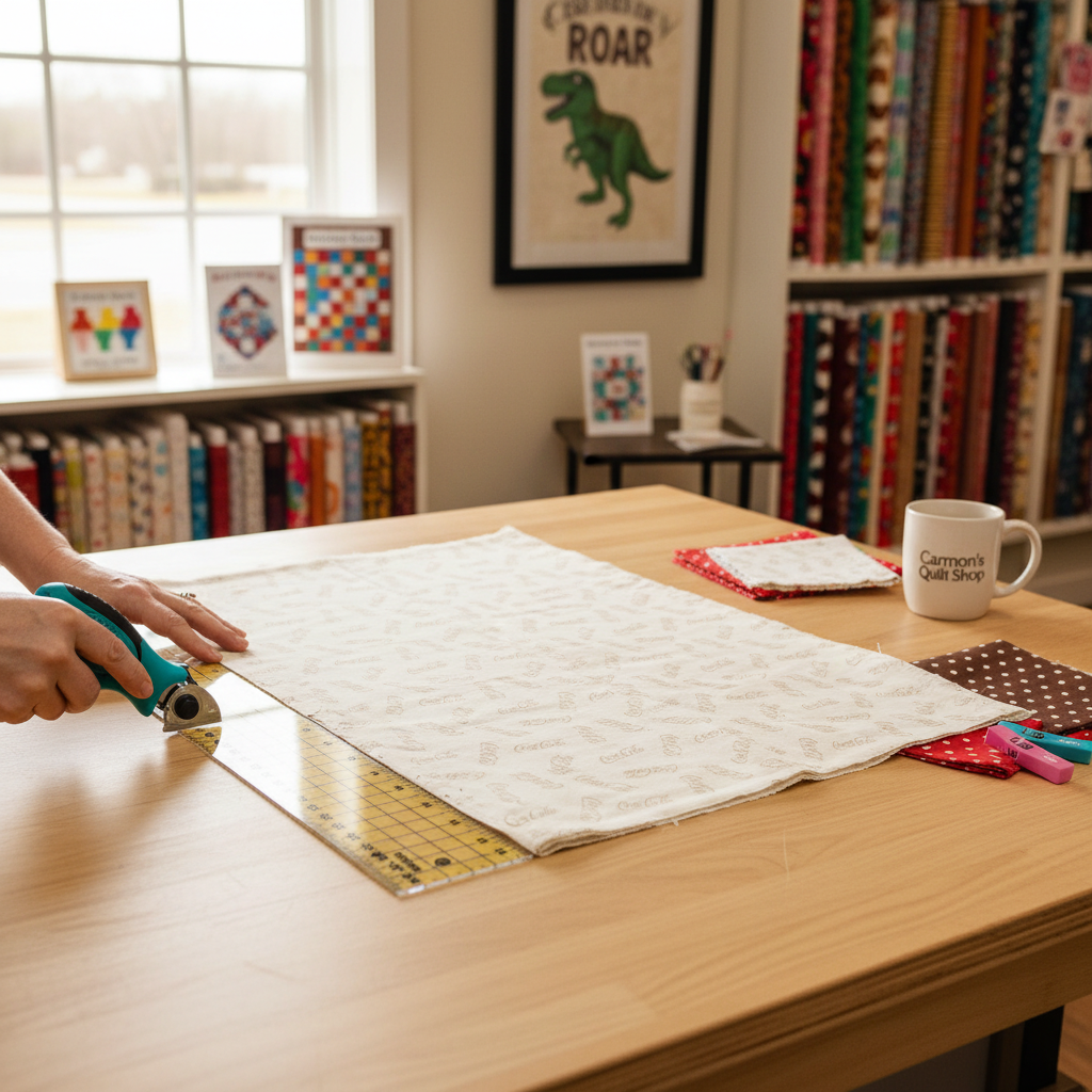 Carmon's Quilt Shop Coca-Cola Christmas taupe logo toss cotton fabric being cut with a rotary cutter on a table