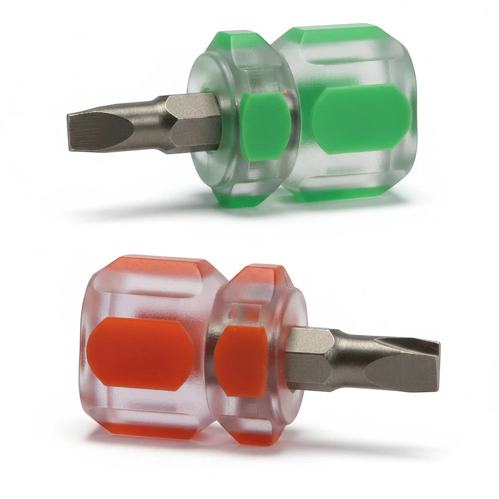 Carmon's Quilt Shop The Gypsy Quilter compact screwdriver set with one green and one orange non-slip handle tool.