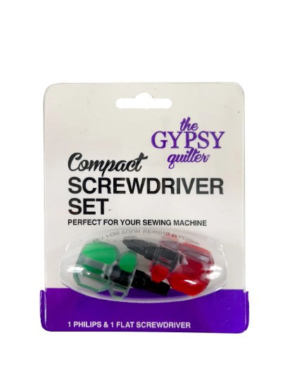 Carmon's Quilt Shop The Gypsy Quilter compact screwdriver set with one green Phillips and one red flat head tool.