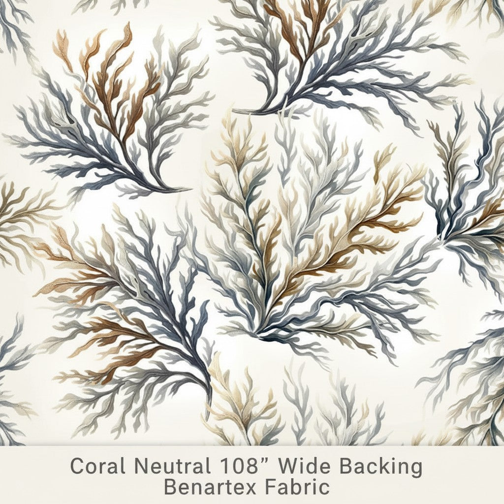Carmon's Quilt Shop Coral Neutral 108 inch wide backing fabric featuring a coastal coral print on a neutral background