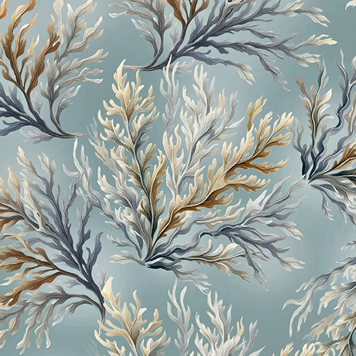 Carmon's Quilt Shop Coral Ocean 108 inch wide backing fabric featuring a detailed coral pattern in blue and tan tones