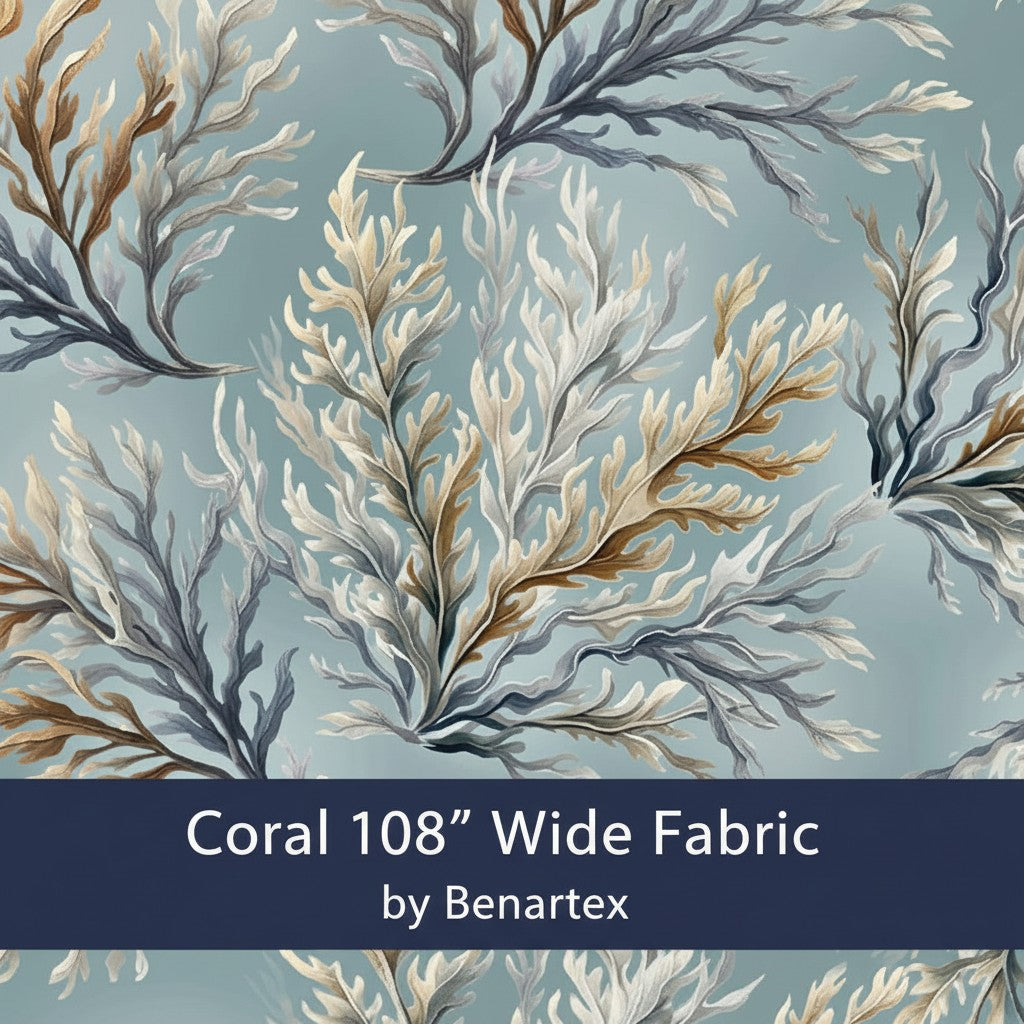 Carmon's Quilt Shop Coral Ocean 108 inch wide backing fabric featuring a coastal coral pattern in blue and tan tones.