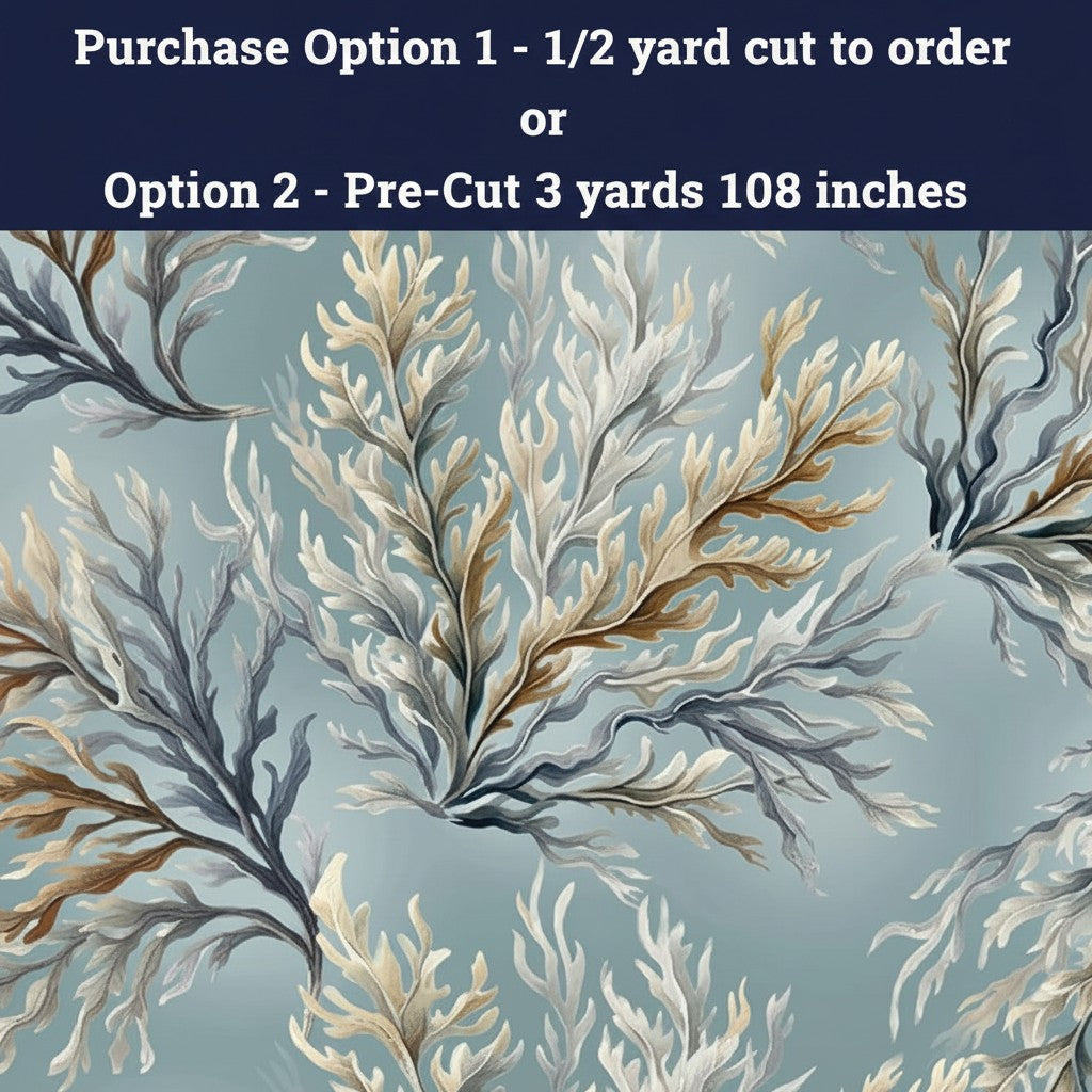 Carmon's Quilt Shop Coral Ocean 108 inch wide backing fabric with detailed coral reef patterns in blue and tan tones.