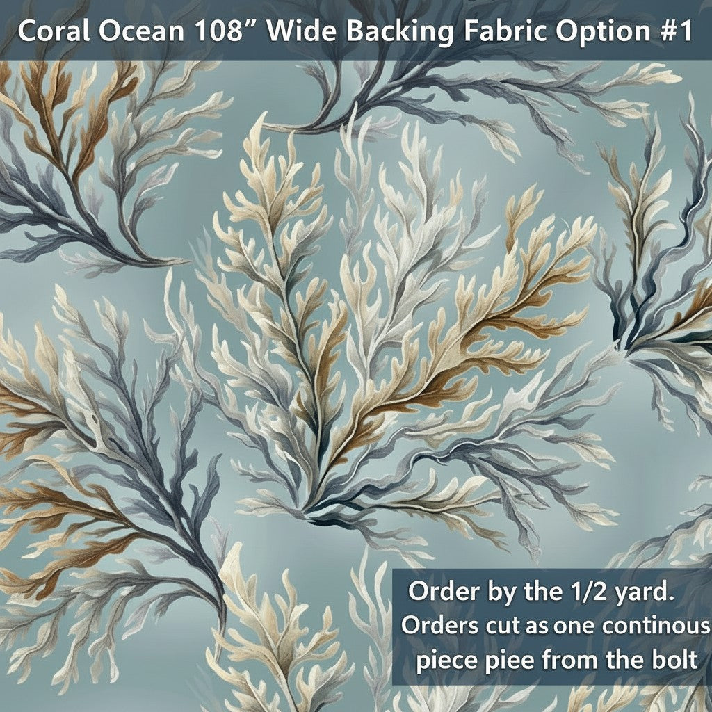 Carmon's Quilt Shop Coral Ocean 108 inch wide backing fabric featuring a detailed coral pattern in blue and tan tones.