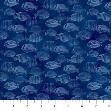 Carmon's Quilt Shop Coral Reef fabric bundle featuring a dark blue ocean print with various tropical fish patterns.